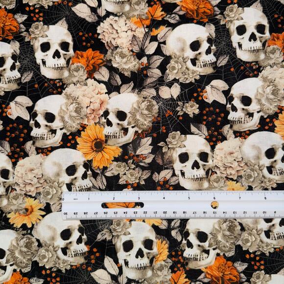 Skulls, Spider Webs & Fall Floral Cotton Fabric - 1/2 Yard - Halloween, Harvest - Picture 2 of 5